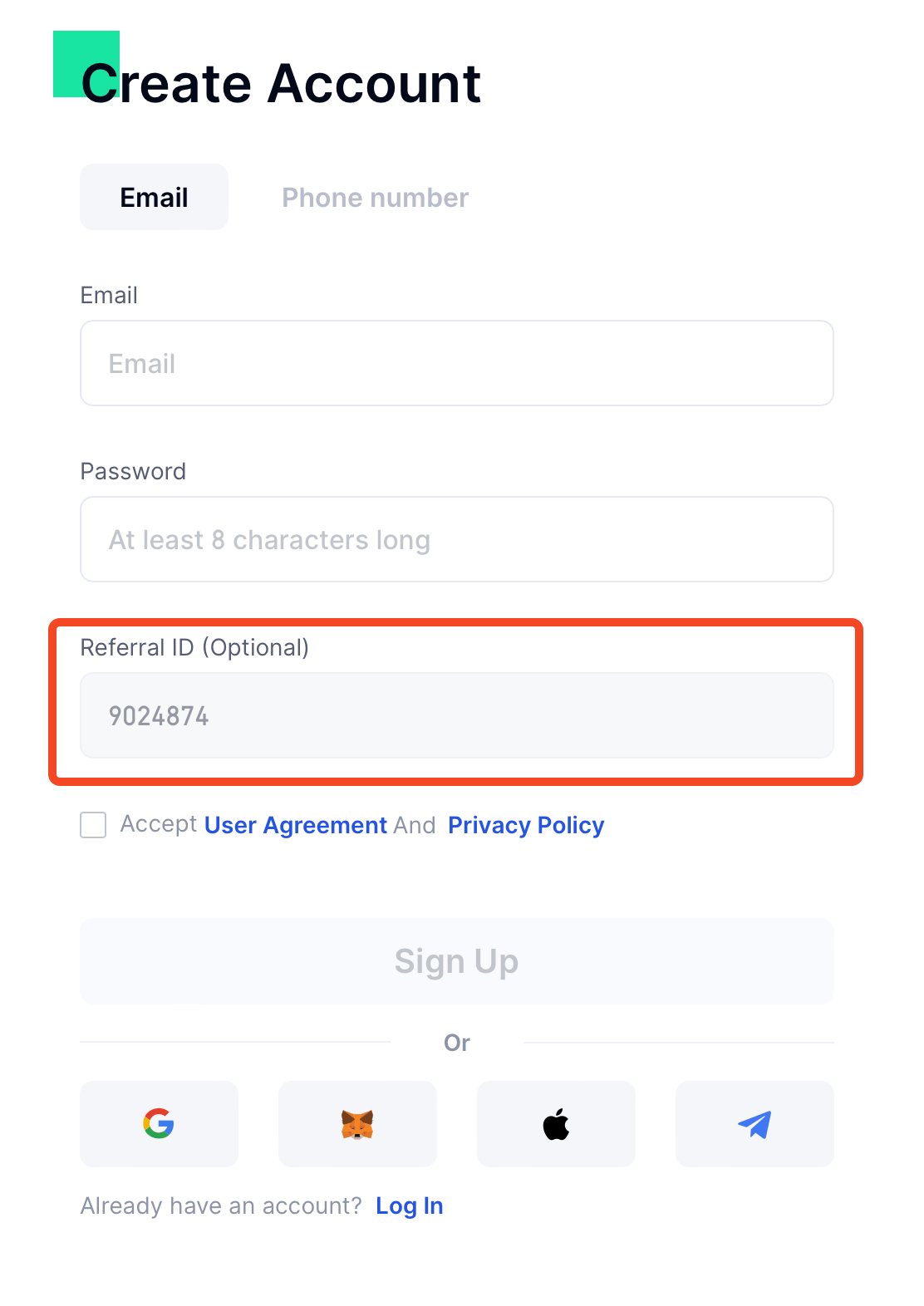 Registration Form using the Gate.io Referral Code 9024874