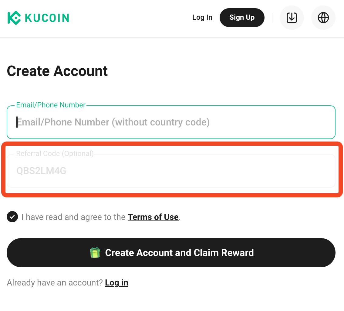 Registration Form using the Kucoin Referral Code QBS2LM4G