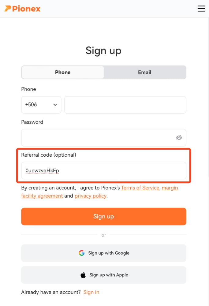 Registration Form using the Pionex Referral Code