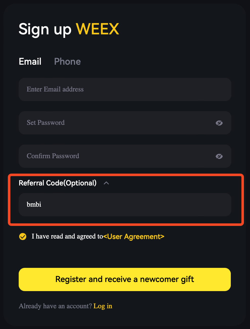 Registration Form using the WEEX Referral Code